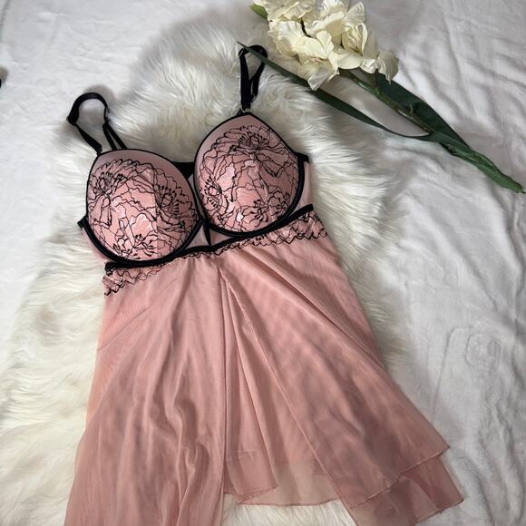 Auden Large Rose Push Up Babydoll Lingerie Coquette Pink Black Lace Underwire - Picture 12 of 14